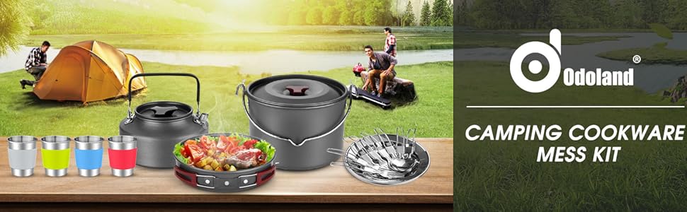 22PCs camping cookware mess kit, large size hanging pot pan kettle with Cook base set for 4, cups dishes forks spoons kit for outdoor camping hiking picnic 22PCs camping cookware mess kit, large size hanging pot pan kettle with Cook base set for 4, cups dishes forks spoons kit for outdoor camping hiking picnic