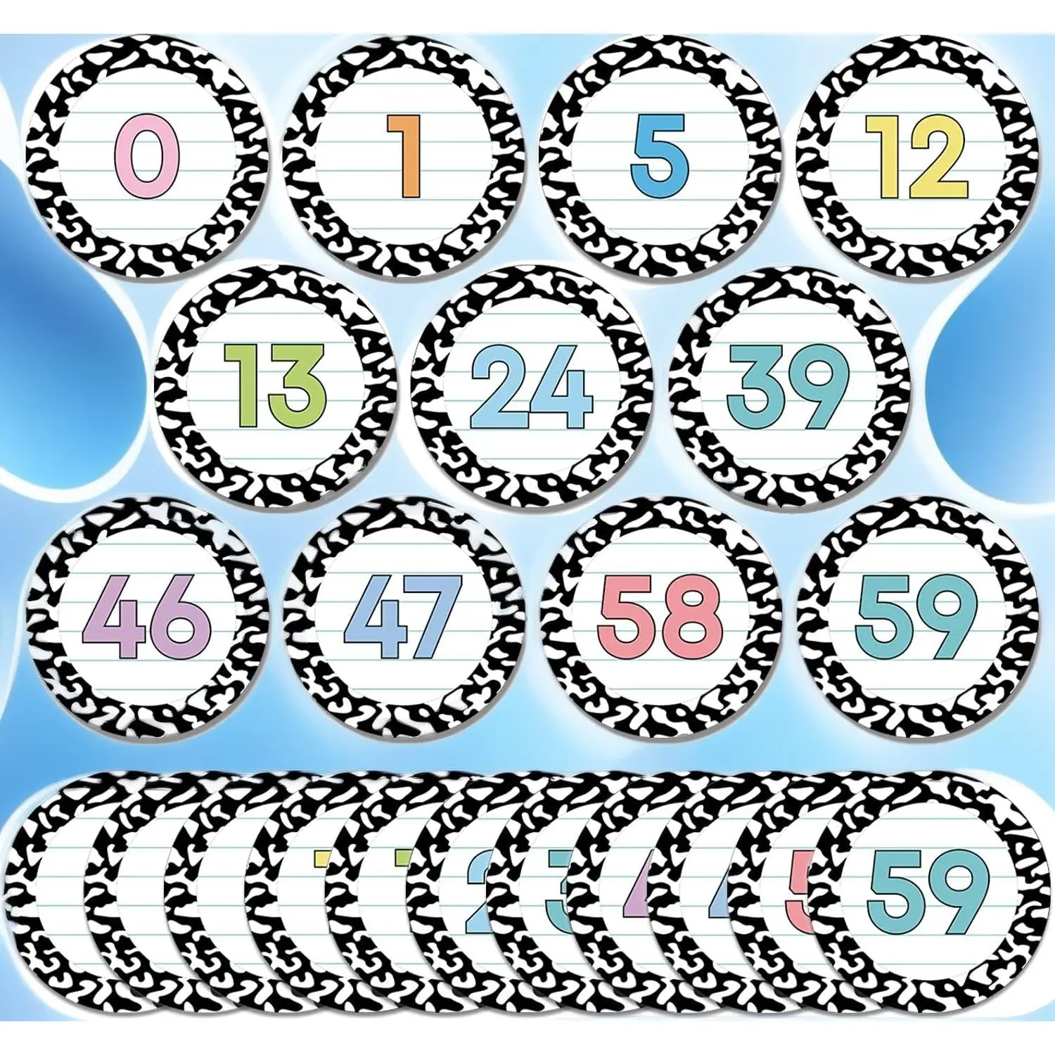 61Pcs Classroom Number Cutouts - Composition Pastel Number Line Bulletin Board Decor Composition Educational Accent Cards with Numbers 0-59 for Teachers Students Wall School Home Decorations