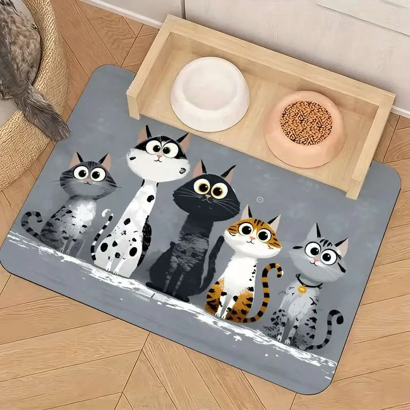 Non-Slip Pet Feeding Mat, Cute Cartoon Cat Design, Leak-Proof Waterproof Surface, Durable, Portable, Ideal Gift