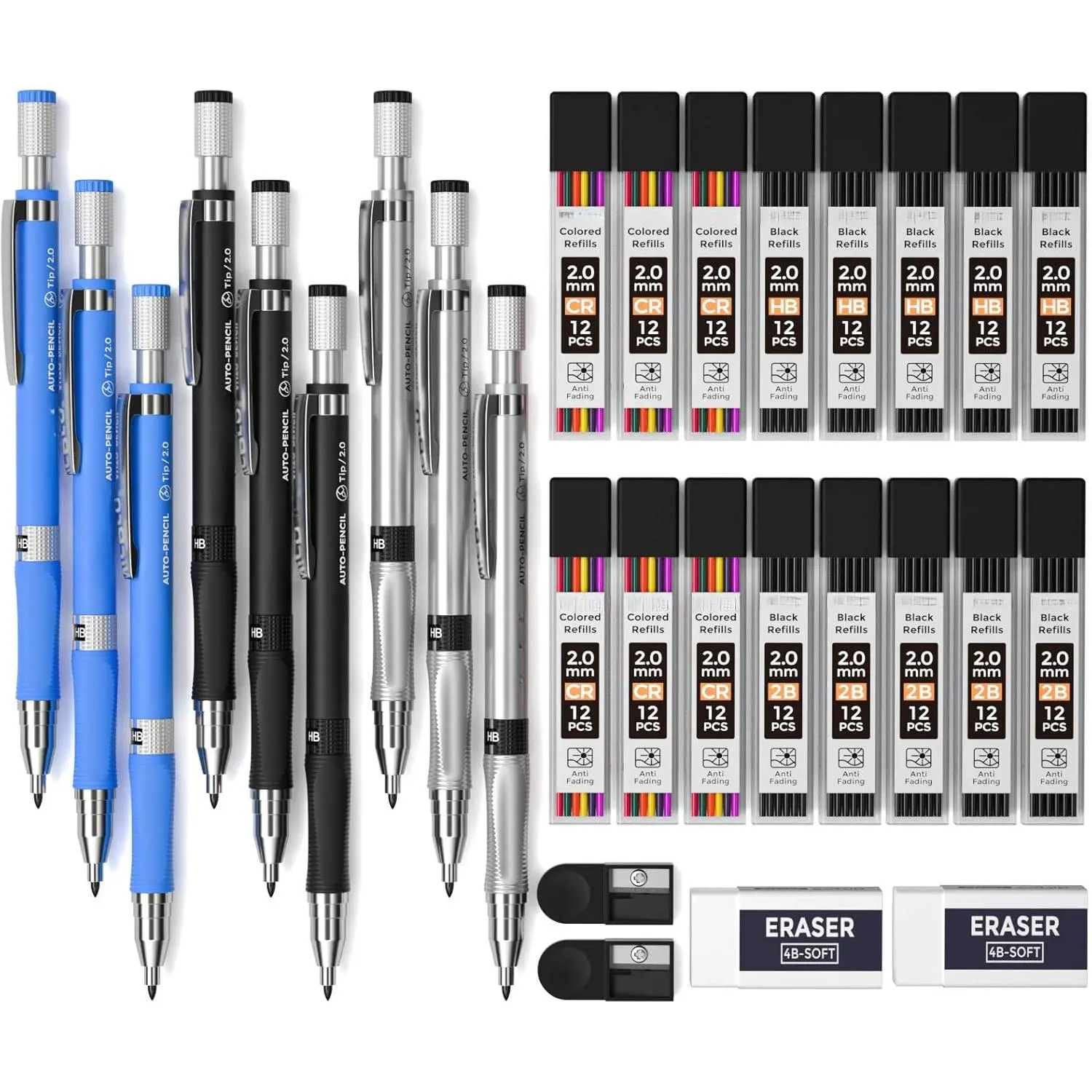 29 Pieces 2mm Mechanical Pencil Set, 9 PCS Drafting Carpenter Pencils 2.0 mm for Art Drawing Sketching construction with 192 Lead Refills Pre-Sharpen HB & 2B & Colors, 2 Erasers, 2 Sharpener