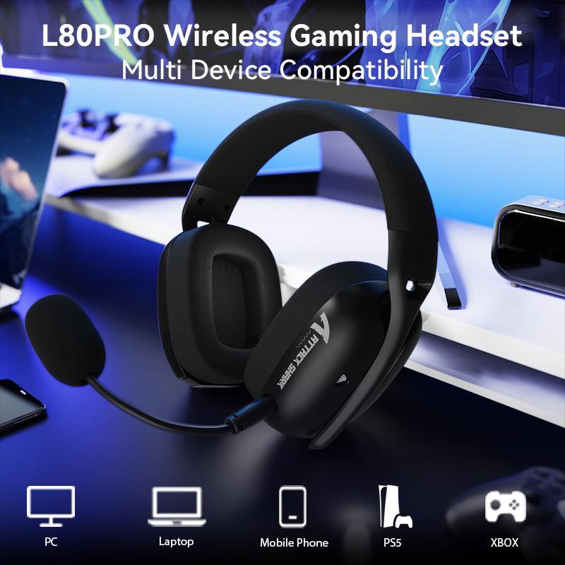 ATTACK SHARK Wireless Gaming Headset, Usb Gamer Headset with Adjustable Dual Mics, 20ms Low Latency, Lightweight Headset with 3 Modes for PC/PS/Phone