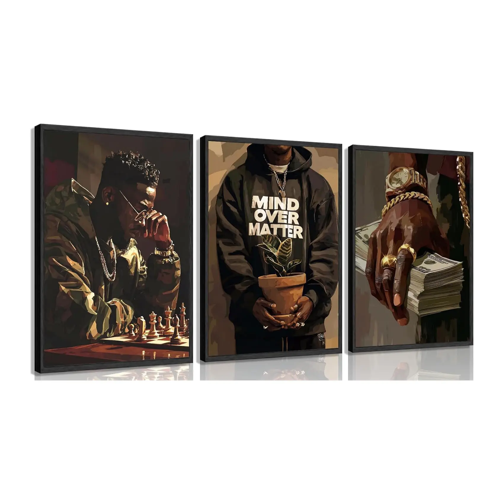 3Pcs Trendy Black Man Canvas Wall Art, Luxury African American Painting Pictures Wall Decor, Hip-hop Street Aesthetics Posters Print Artwork for Boy Room, Dorm, Home Decoration Unframed Canvas Art And Prints For Walls