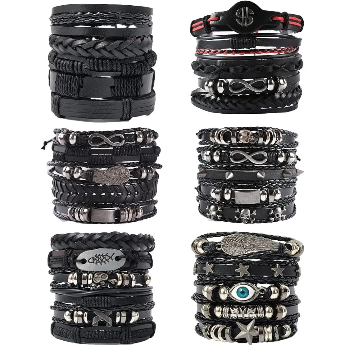 6 Pack Black Leather Bracelet Set – Stackable Punk Rock Cuffs, Handmade Tribal Wristbands for Men