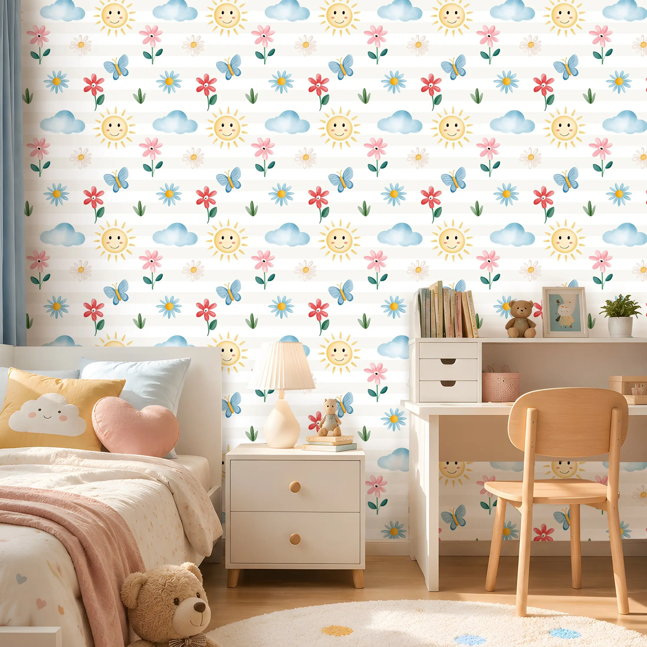 1 Roll 44.5cm/17.5in Cartoon Smiley Sun Cloud Butterfly Floral Wall Decals, Decorative, Self-Adhesive Neutral Kids Wallpaper, Thick Waterproof Furniture Contact Paper, Grid Back Easy Cut Peel Stick Wall Decor, for Baby Nursery Bedroom Bathroom Cabinet