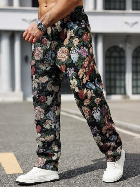 Men's Casual Floral Woven Pants, Elastic Drawstring Waist, Loose Fit, Perfect for Beach Vacation & Music Festivals Men's Casual Floral Woven Pants, Elastic Drawstring Waist, Loose Fit, Perfect for Beach Vacation & Music Festivals