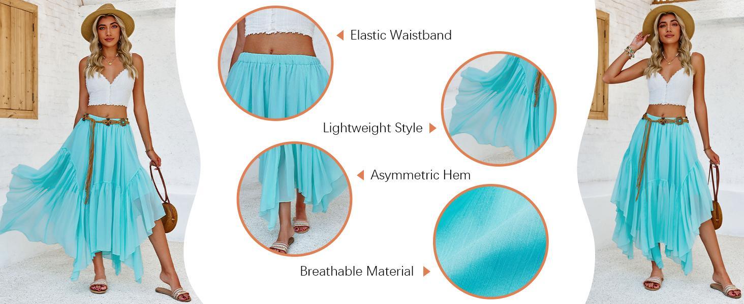 Imily Bela Womens Summer Boho Maxi Skirt Casual Asymmetric High-Low Hem Flowy Bohemia Long Skirt