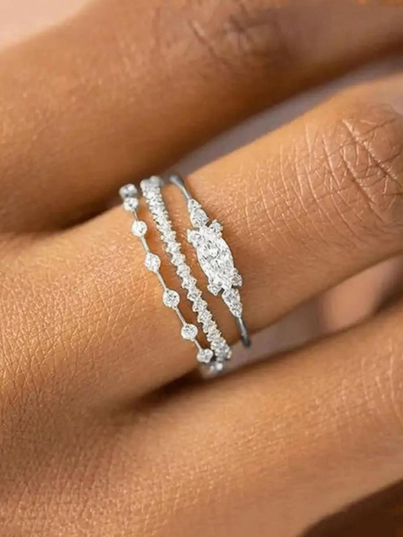 Women's Elegant Rhinestone Decor Promise Stack Rings, 3pcs/set Trendy Exquisite Engagement Rings, Chic Fashionable Jewelry As Gift for Women and Girls, Solitaire Stackable Rings