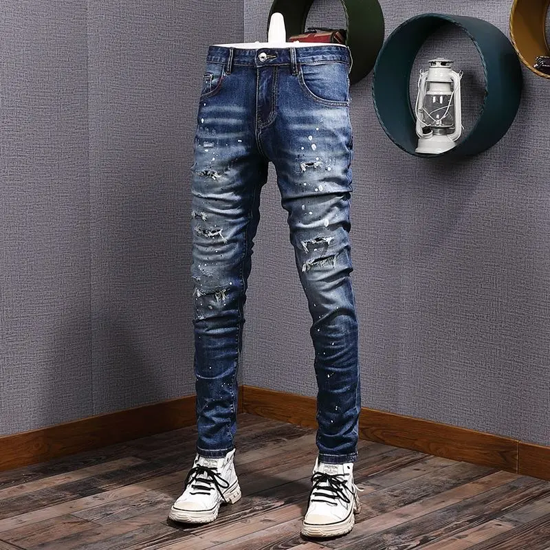 Men's Retro Blue Cotton Painted Rips Stretch Slim Fit Jeans - Korean Vintage Casual Menswear Denim Pants for Hombre, Casual Wear