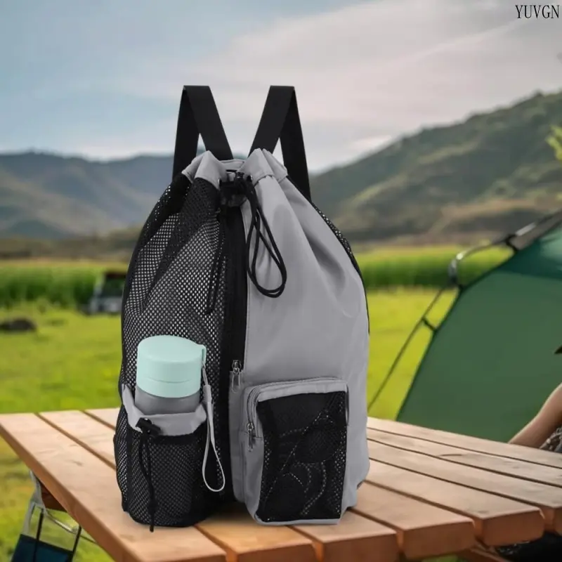 Drawstring Backpack for Men - Mesh Panel Sports Sackpack with Water Bottle Pocket, Lightweight Gym & Outdoor Travel Beach Swim Bag