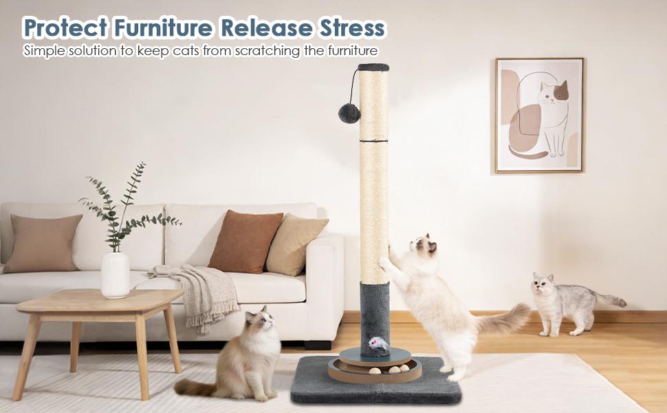 31.5" Tall Cat Scratching Post, Natural Sisal Scratcher with Large Plush Base & Interactive Toys for All Cats,Grey