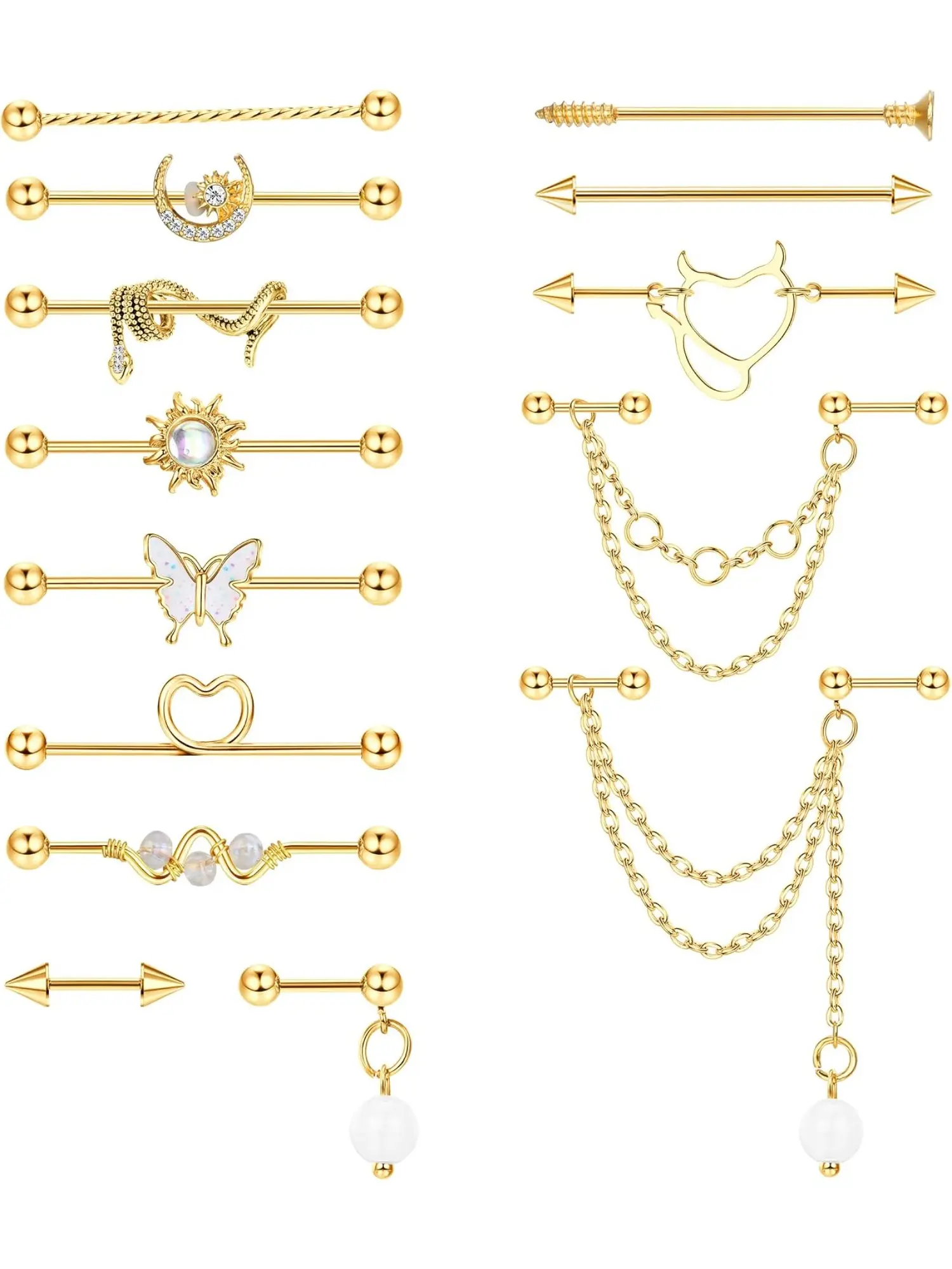 14 Pcs Gold Silver 14G 16G Industrial Piercing Bar Earrings Surgical Steel Cartilage Helix Jewelry for Ear