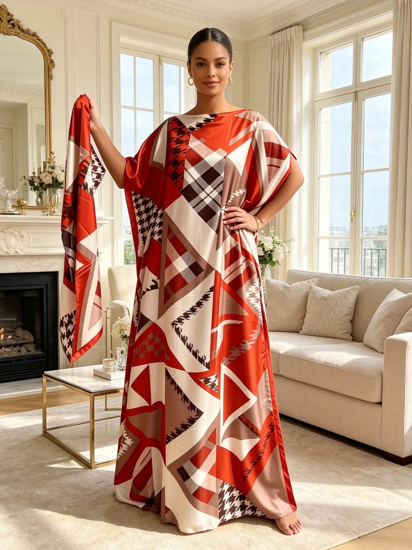 Plus Size Women's Two-Piece Satin Kaftan Set, Rice Color Birdseye Geometric Print Long Sleepwear with Matching Headscarf, Loose Fit Home Beach Vacation