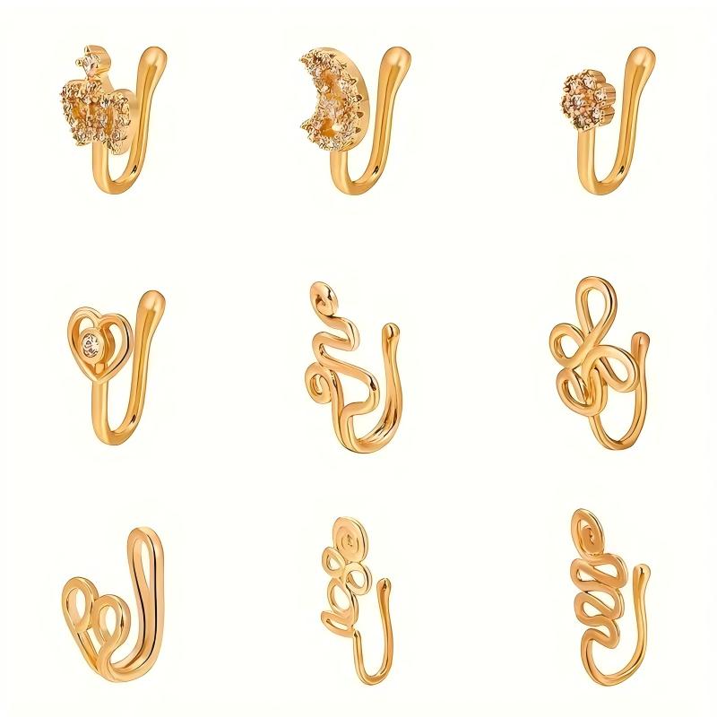 ARPURRAINA 9pcs Fashion Sparkle Fake Piercing Nose Rings Accessories - Copper & Stainless Steel Non-Piercing Clips (U-Shape, Star, Love, Crown, Cross) with Zirconia Rhinestones, Gold-Tone Punk Body Jewelry, Fashion Nose Rings,sohochic