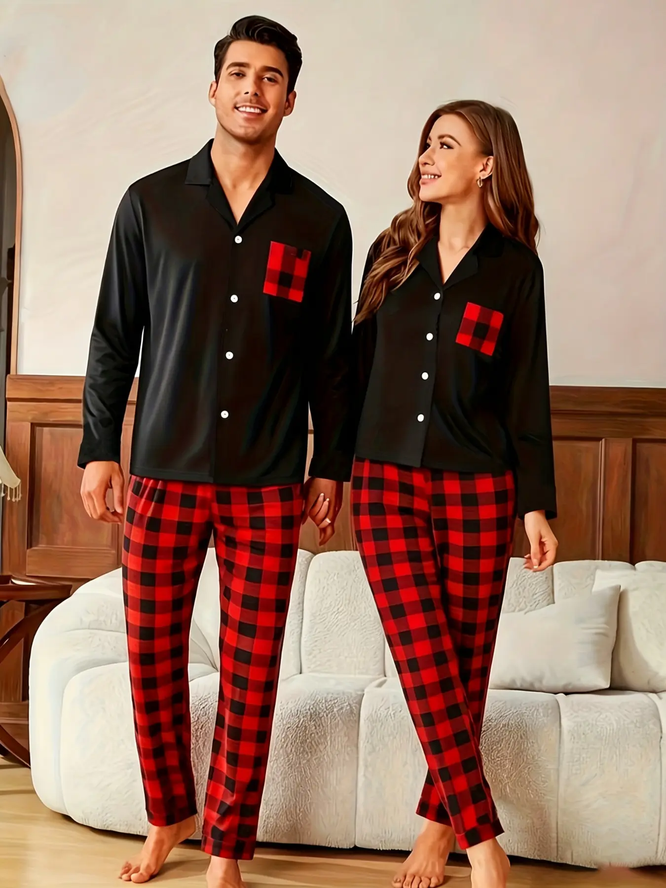 Couple Matching Pajama Set, Long Sleeve Lapel Button Up Sleep Top + Red Black Plaid Long Pants, Soft Breathable Loungewear, Casual Indoor Nightwear Outfit For Lovers Autumn Winter Home Wear.