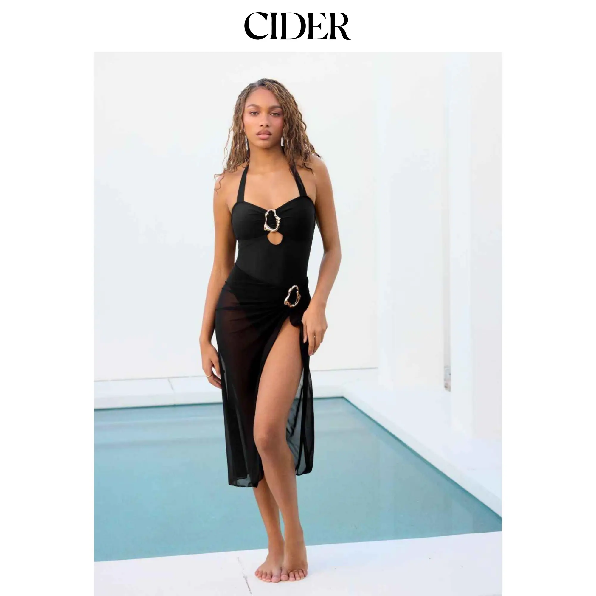 Cider High Stretch Halter Neck One Piece Swimsuit With Gold Metal Detail