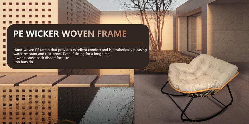 Bellemave]Outdoor Rocking Chair, Patio Egg Rocking Chair, Indoor Papasan Chair, Rattan Wicker Lounge Chair, Modern Royal Chair for Bedroom, Living Room, Porch, Garden,Lawn-Beige