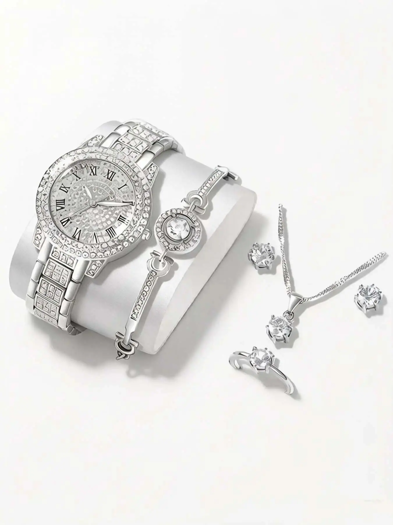 6-piece set of ladies' watches, featuring crystal rhinestones, paired with a shiny stainless steel bracelet and quartz movement, suitable for formal attire, Rhinestone Embellished Watch, Rhinestone Decorated Watch, Fashionable Watches