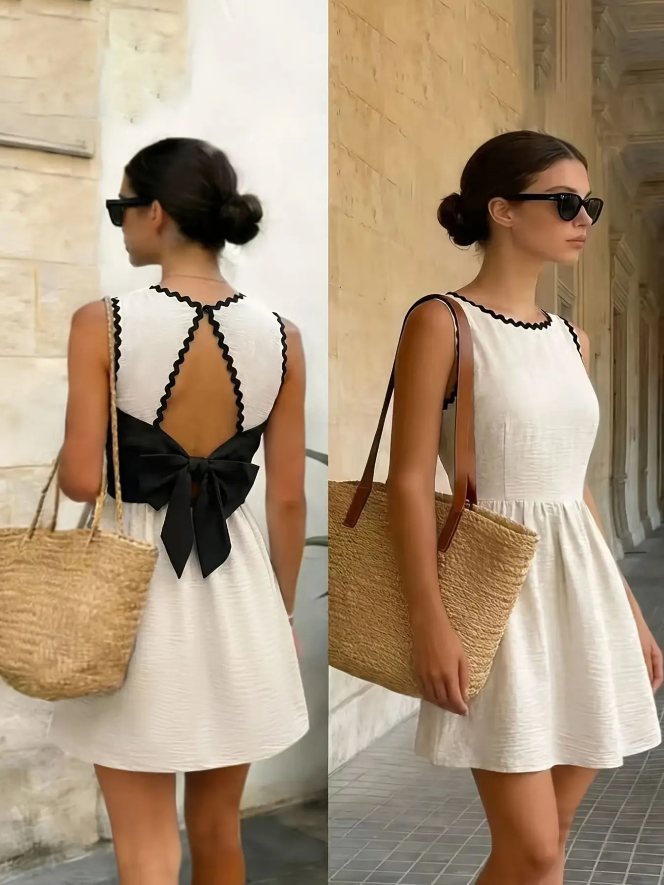 French Style and Contrast Lace Sleeveless Dress, Deep Back Bow Waist Cinch A-Line Short Vacation Dress, Chic Elegance Summer