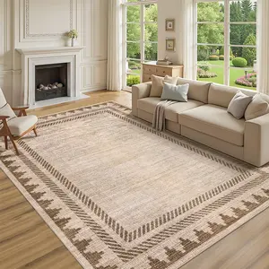 Modern Geometric Bordered Solid Rug Washable Rugs with Non Slip TPR Backing, Low Pile Non Shedding Floor Covering, Soft Neutral Floor Mat for Living Room Bedroom Nursery