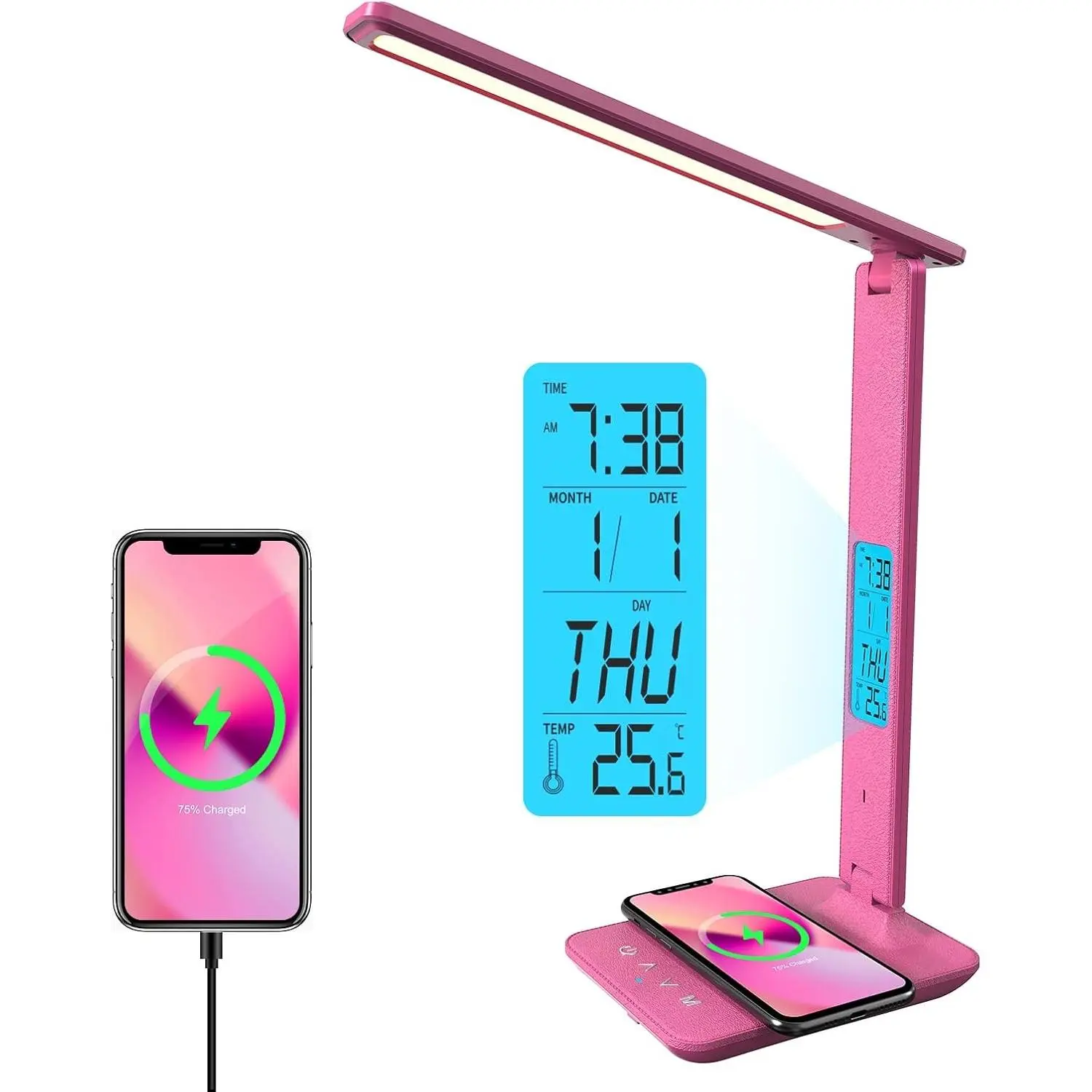 Desk Lamp with Wireless Charger, USB Port, Clock, Alarm, Date, Temperature for Home Office, Pink