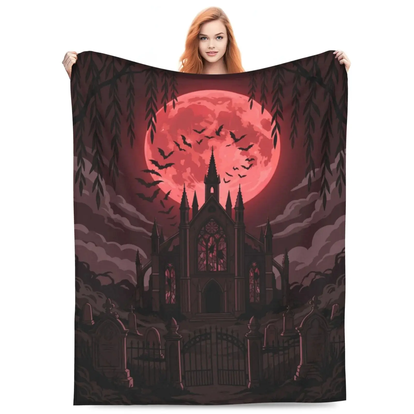 Gothic Haunted Castle Red Blood Moon Flannel Throw Blanket, Cemetery Bat Willow Spooky Halloween Print Blanket, Dark Horror Aesthetic Soft Fleece Blanket For Sofa Bed & Goth Lovers Gifts