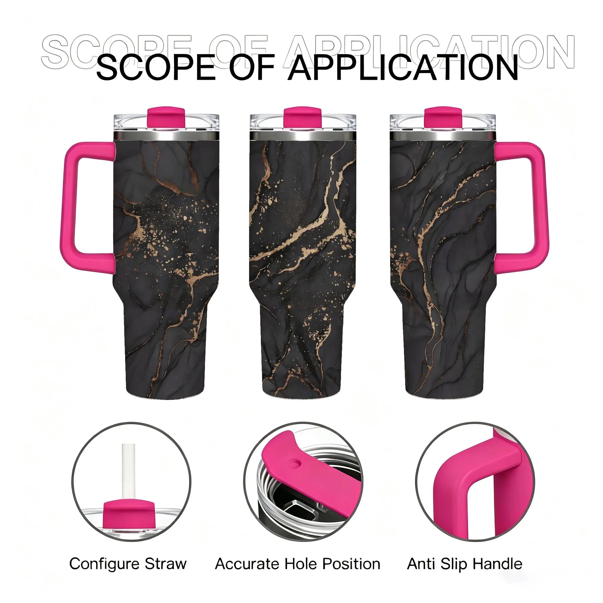 40oz Black Marble Vacuum Insulated Stainless Steel Tumbler with Handle, Sturdy Leakproof Printed Flask, Portable Luxury Coffee Insulated Cup with Lid & Straw for Office-Car Use, Men-Women Preservation Drinkware, Marble Print