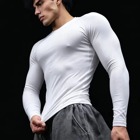 Men's Long Sleeve Compression Shirts for Gym Workout Running, Solid Color Round Neck Raglan Sleeve Sporty Tee, Tight Fit Quick Drying T-Shirt, Casual Sporty Top for Spring & Fall, Fitness Top