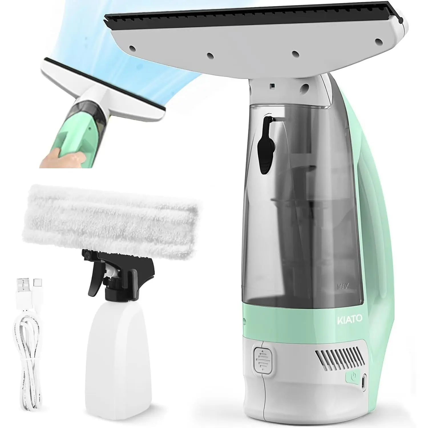 Cordless Electric Window Vacuum Squeegee, Rechargeable Window Cleaner with Spray Bottle for Windows, Mirrors, Glass, 2200mA
