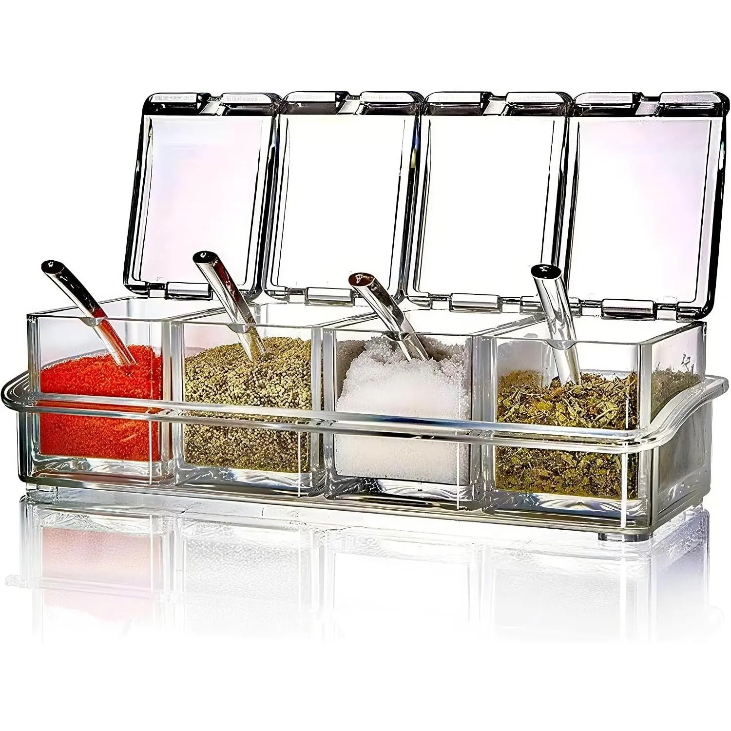 4 Pack 5.75oz Plastic Clear Condiment Containers with Lids and Spoons | 4pc clear condiment set with lids & spoons, non-slip tray countertop storage for salt sugar pepper spice