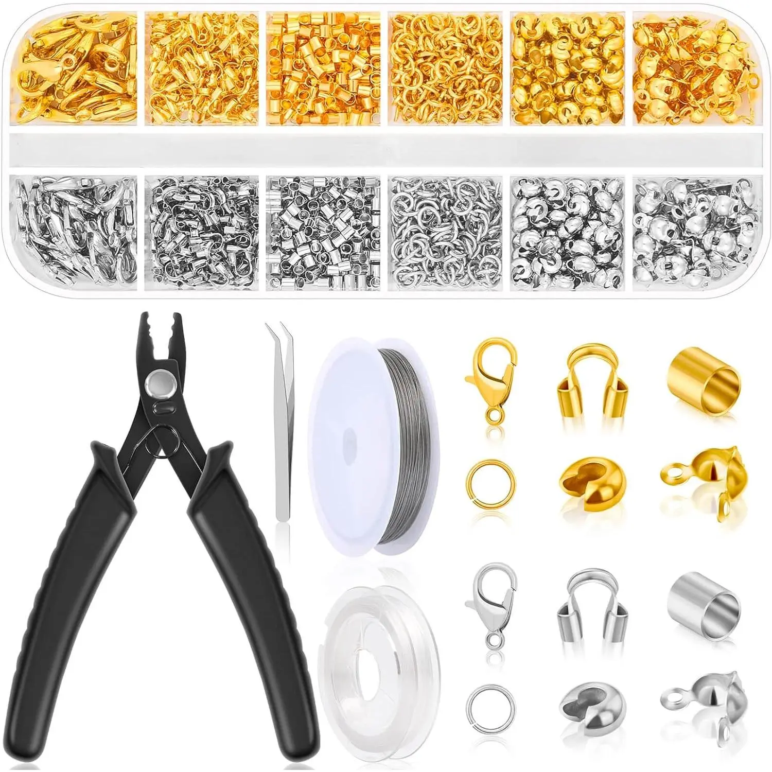 1200 count Crimp Beads Supplies for  Making, Including Crimp covers, Crimp Tubes, Bracelet Clasps and Closures, Crimp Ends, Jump Rings, Crimping Pliers and Beading Wire for Bracelets Making