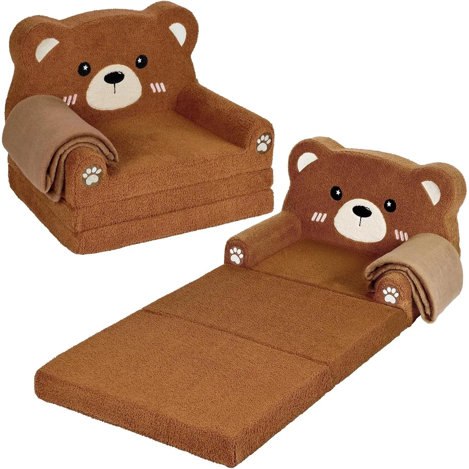 Kids Bear Animal Theme Single Seater Convertible Sofa Bed, 2-in-1 Plush Fabric Toddler Fit Foldable Couch with Blanket, Comfy Indoor Furniture Gift for Kids