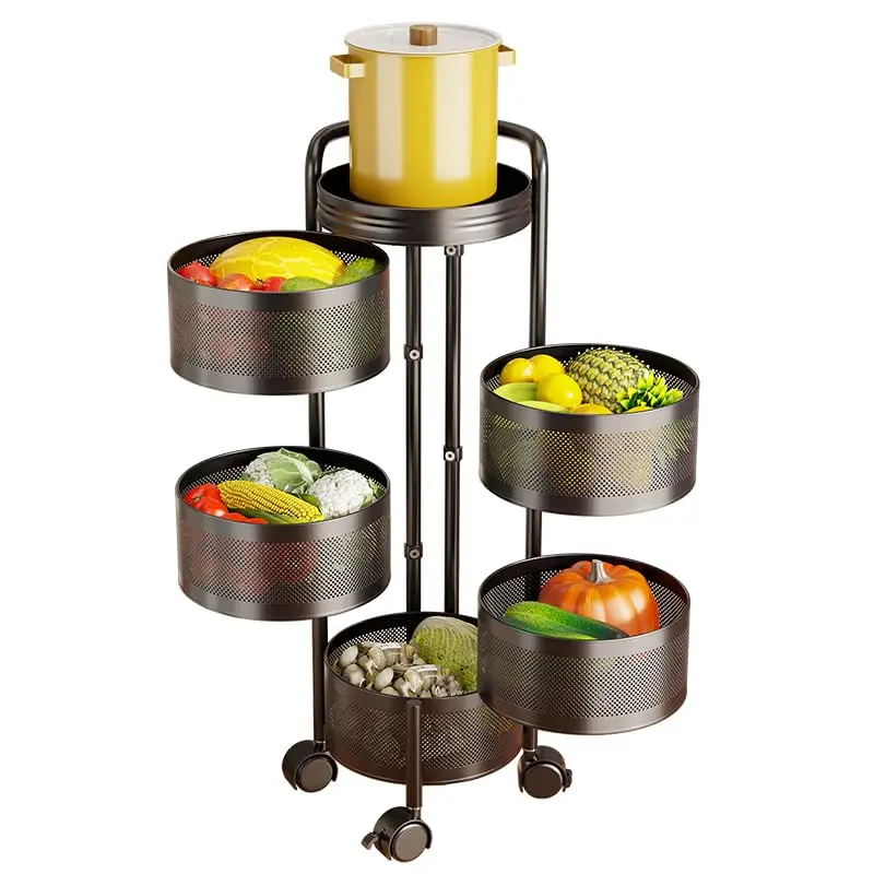 5-Tier Rotating Kitchen Storage Rack - Thickened Carbon Steel Utility Cart with Wheels - No Assembly Required - Multi-Purpose Organizer for Vegetables, Fruits, Snacks - Ideal for Kitchen, Bathroom, Living Room