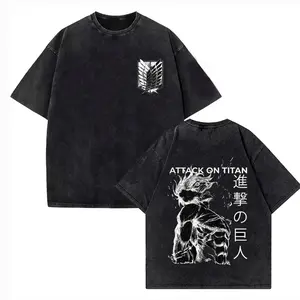 Attack on Titan Vintage Washed Print T-shirt Mikasa Ackerman Eren Jaeger Wings of Freedom Mens High Quality Cotton T-shirts