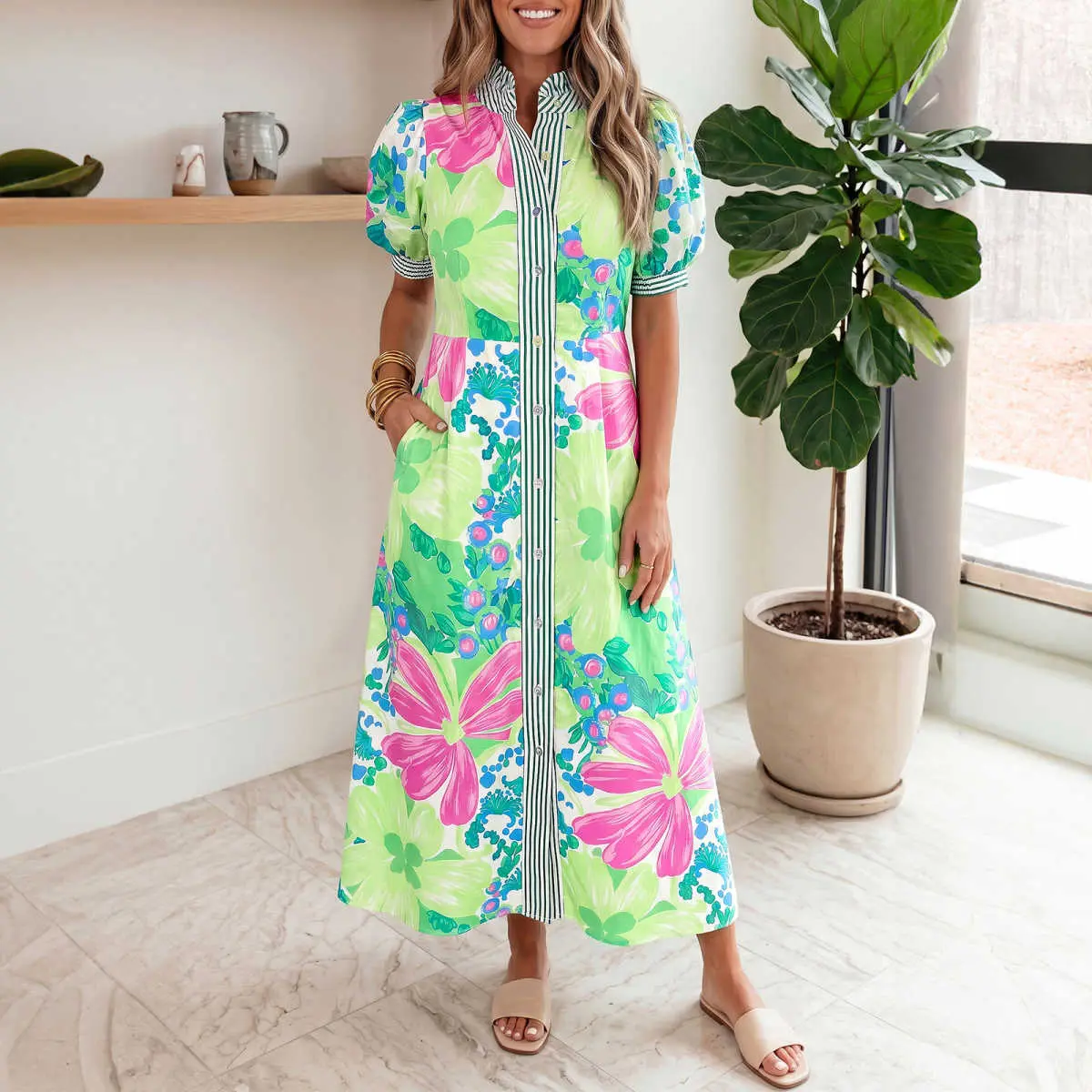 Green Stripe Floral Print Striped Trim Button Down Short Sleeve Vacation Dress