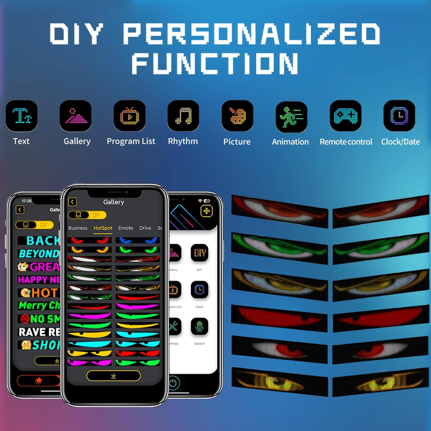 Devil's Eye:14.72"x3.62" Programmable ojos led para carro Windshield Display for Sedans, SUVs & Medium  - USB- LED Matrix Panel, Remote/App Control, Custom