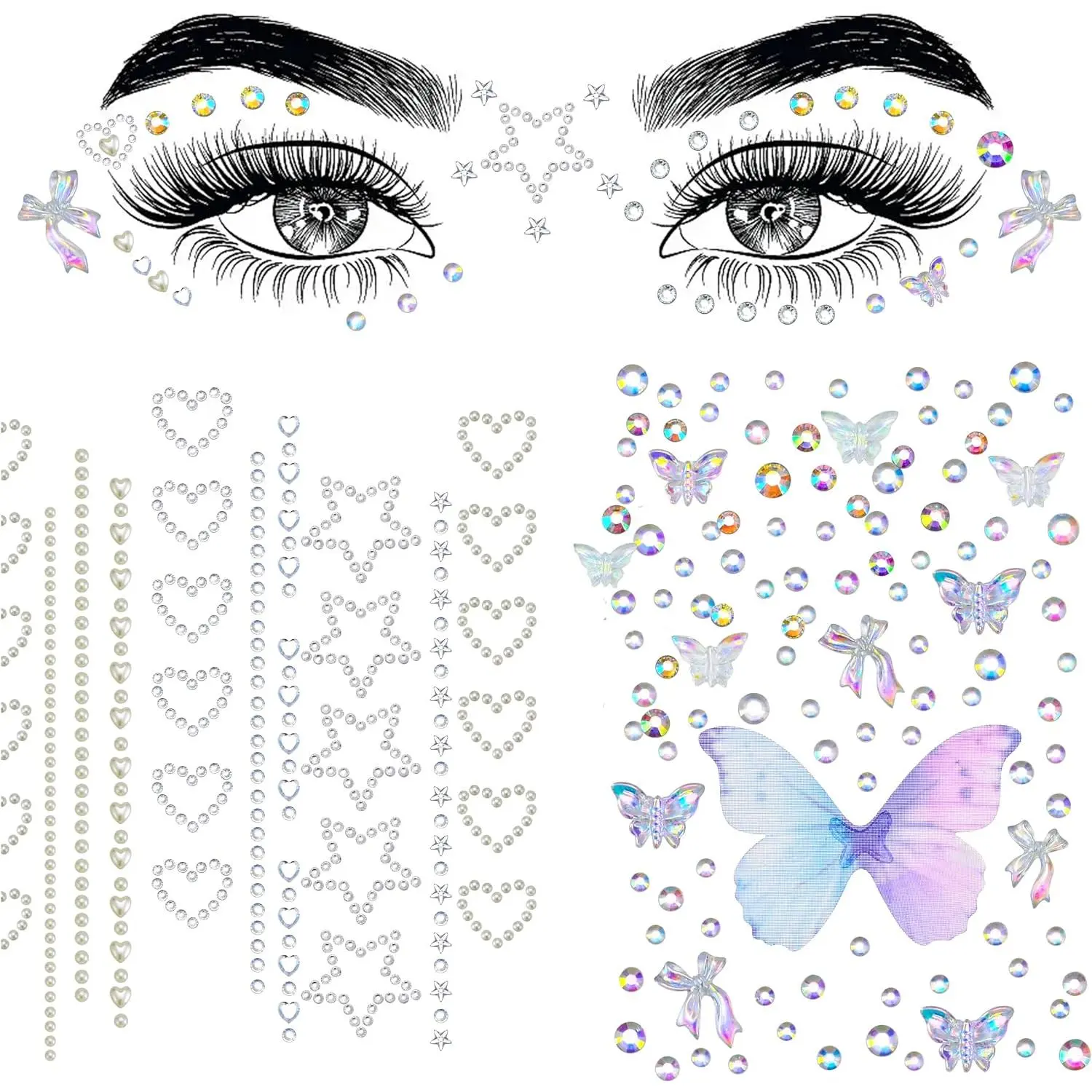 Butterfly  Eye Stickers,Self Adhesive   and  for Makeup Heart  Rhinestone Stickers for , Makeup, , , Crafts   Sticker (5 Sheets)