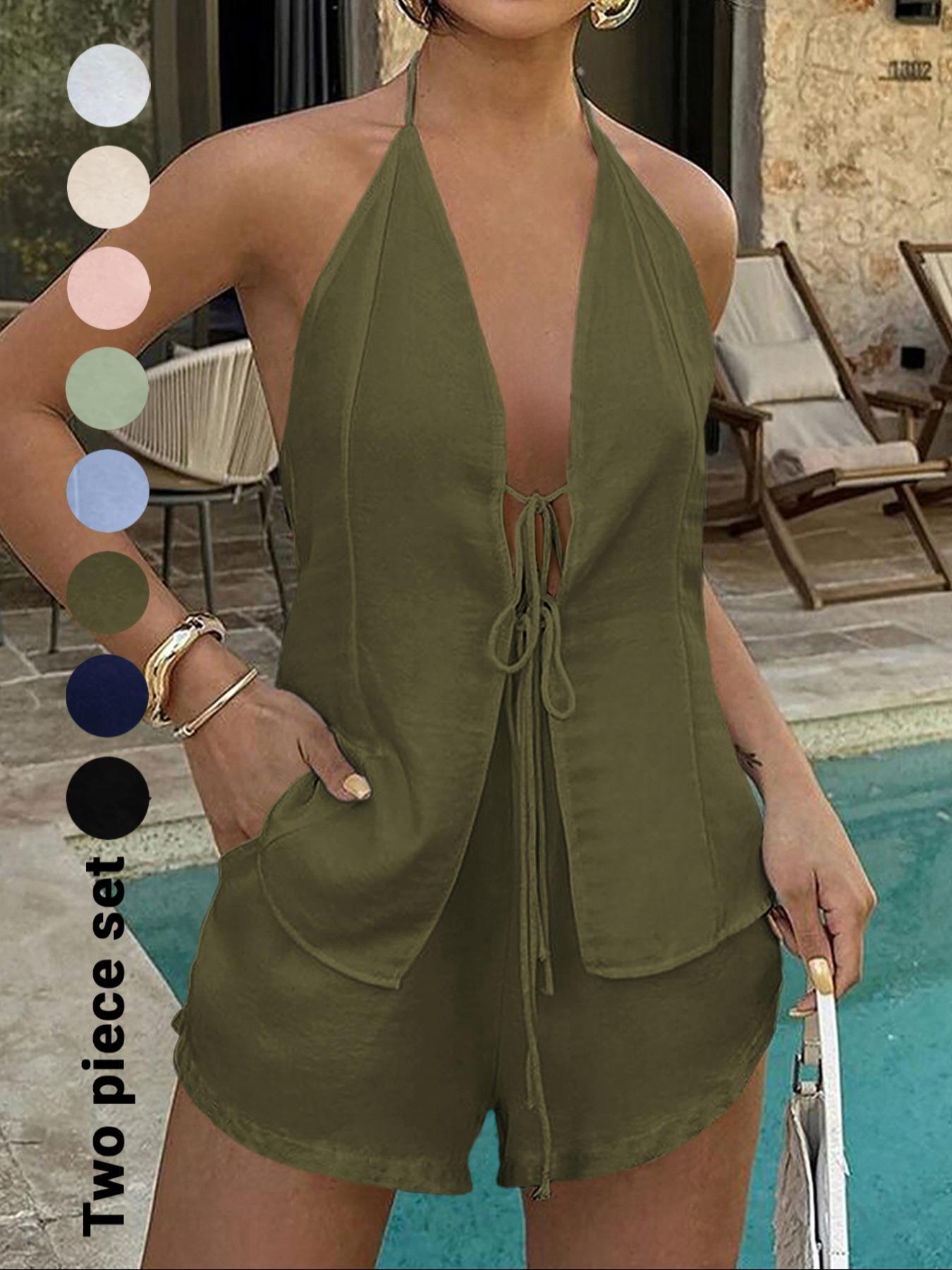 Women's Solid Color Fitted Tie Back Top & Shorts Set, Casual Fashion Chic Two-piece Outfits for Summer, Ladies Clothes for Beach Holiday Vacation, Womenswear