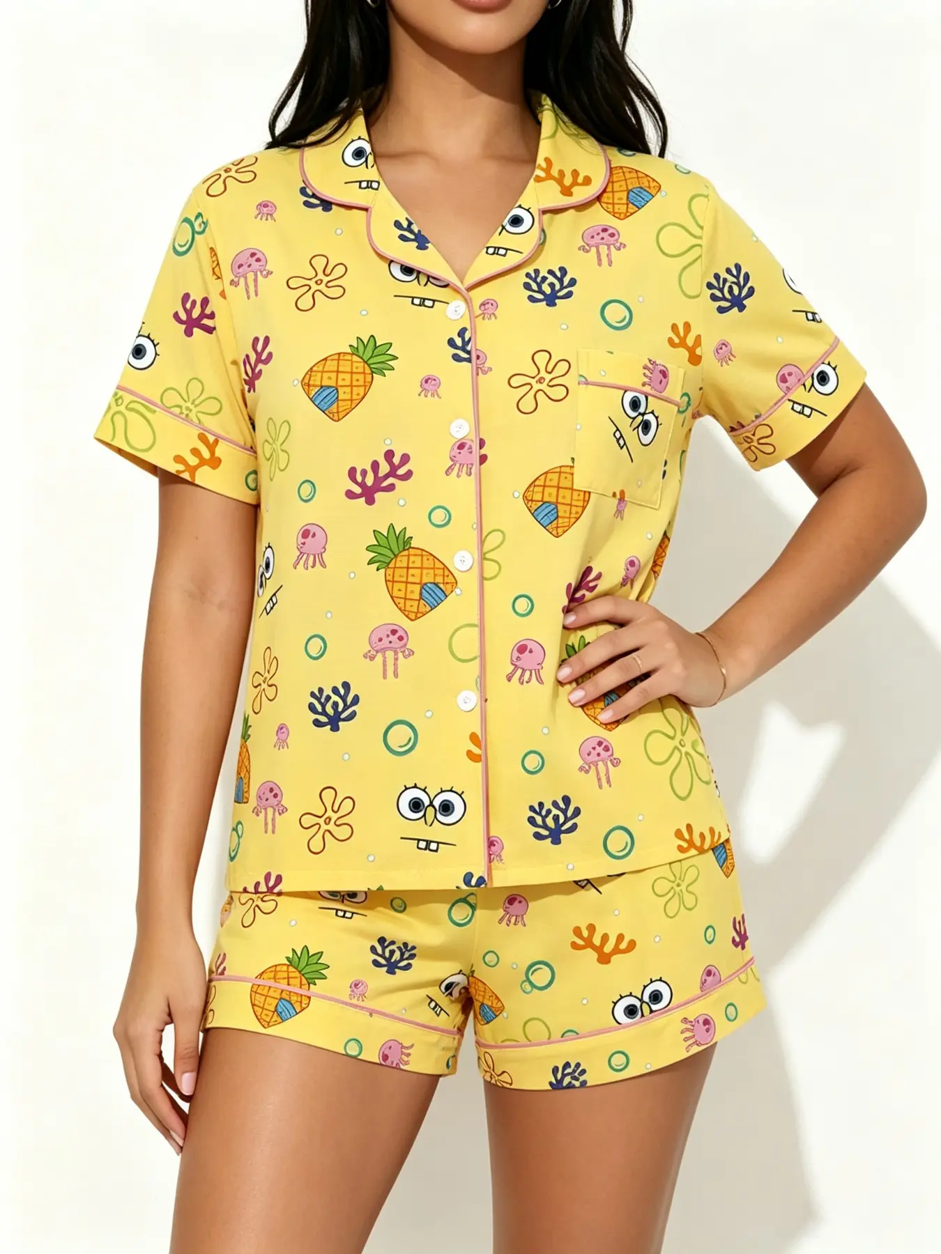 Teenage Pineapple Cartoon Print Pajama Set, Short Sleeve Button-Up Top + Elastic Waist Shorts, Breathable Summer Sleepwear, Perfect Gift