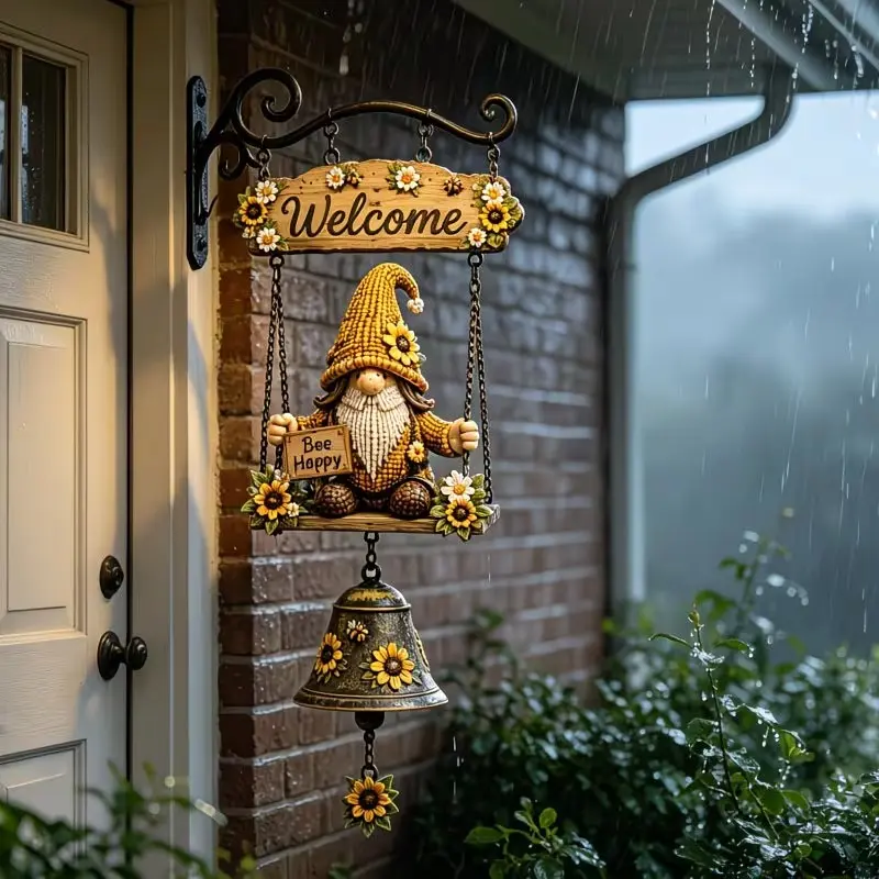 2D Rustic Garden Gnome Bell, Handmade Bee And Sunflower Decorative Hanging Doorbell, Rustic Farmhouse Ornament for Front Porch, Patio, Garden Fence, Gifts for Mom