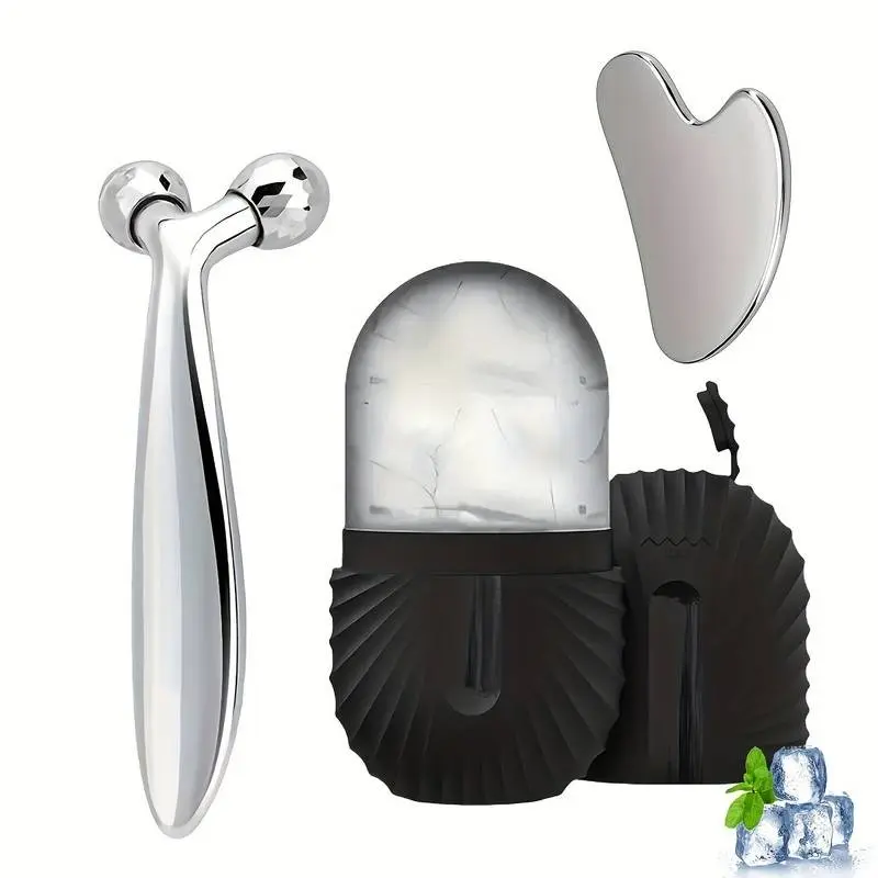 Facial Ice Massage Tool Set, 3D Dual Ball Roller, Face Lifting Roller, Stainless Steel Heart Gua Sha Board, Anti-Edema, Lymph Drainage, Full Body Beauty Tools