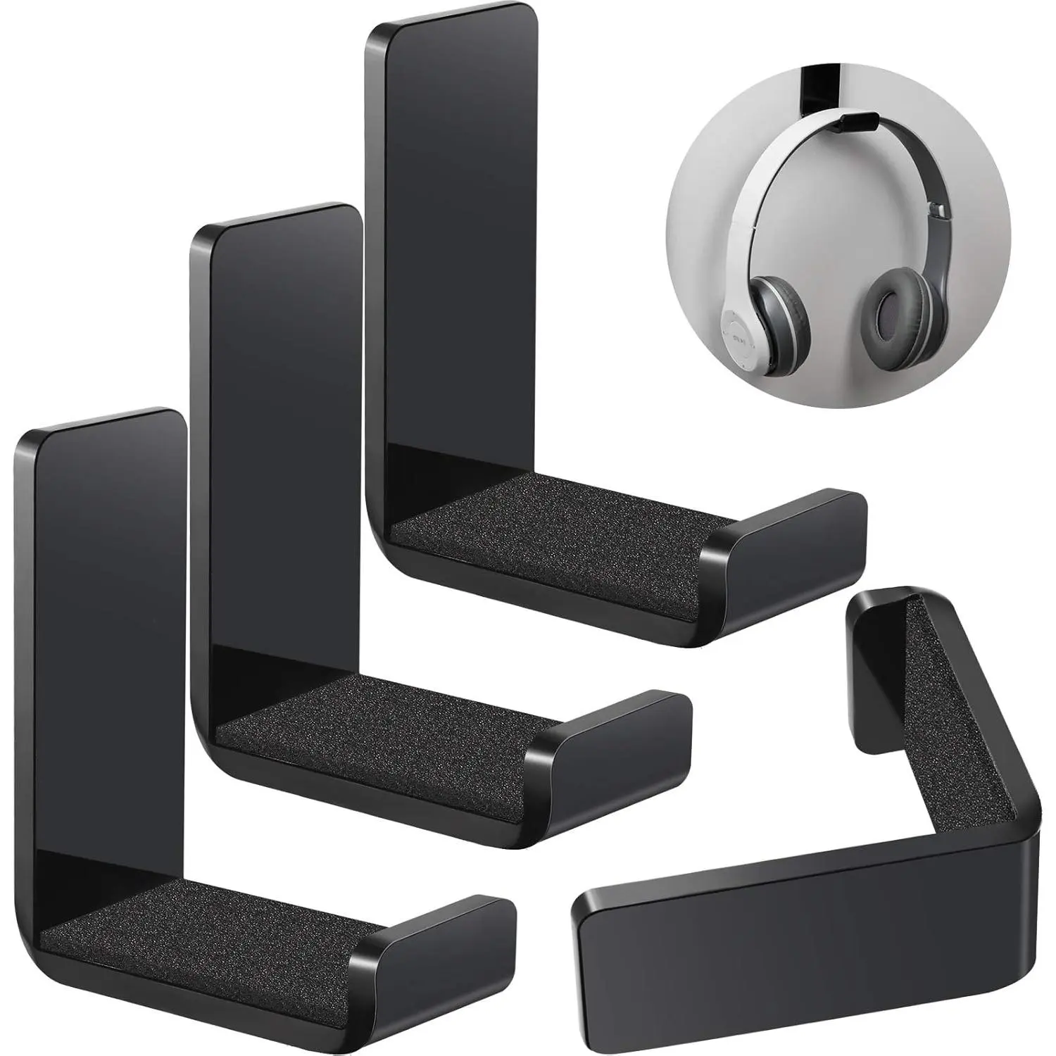 4 Pieces Headphone Hanger Holder Desk Adhesive Headphone Hook Wall Mount Headset Stand Acrylic Holder with Glues for General Purpose Game Earphone(Black)