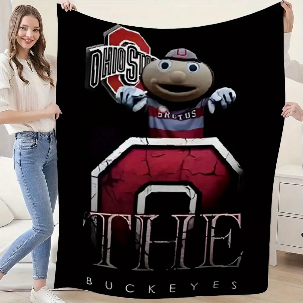 Ohio State Buckeyes Brutus Mascot Cracked Red Block O Logo Black Flannel Throw Blanket NCAA College Football Fan Soft Warm Blanket Gift for Neutral OSU Fans All Ages