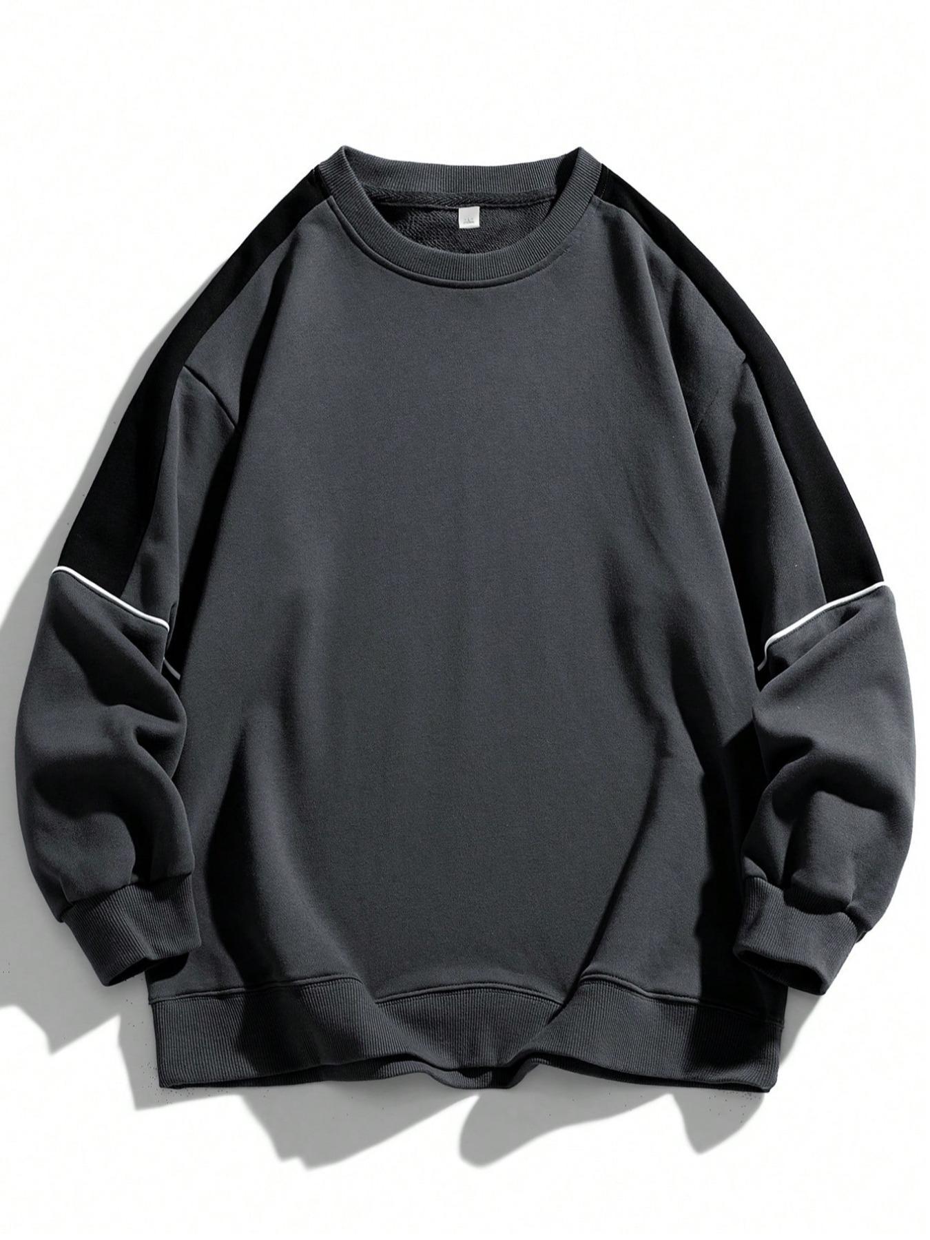 Men's Colorblock Contrast Binding Drop Shoulder Sweatshirt, Stretch Regular Fit Casual Bold Edgy Style Long Sleeve Round Neck Pullover for Spring & Fall, Fashion Men's Top for Daily Wear