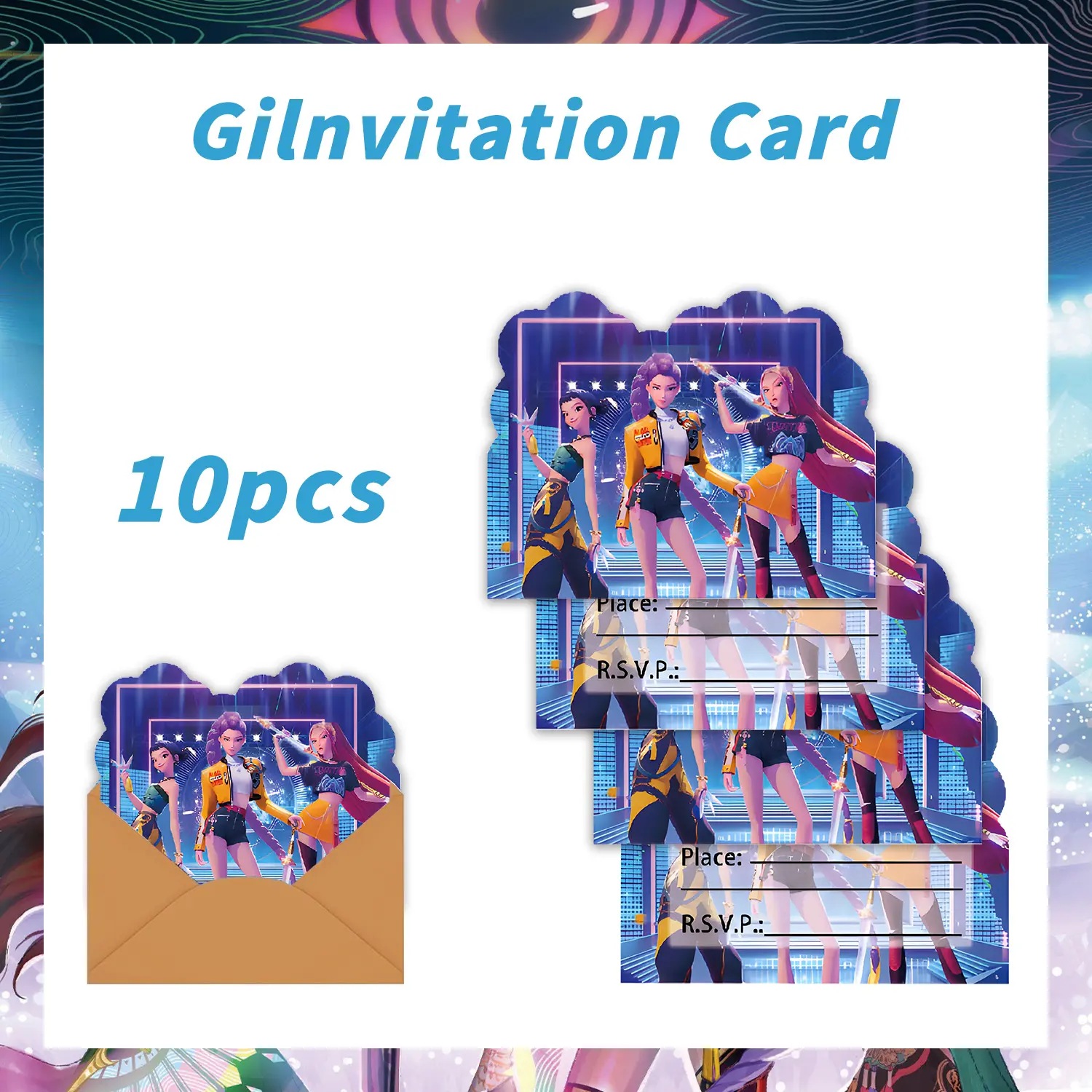10 pink Korean cartoon girl group themed party invitation cards, for offline team building, themed birthday parties with formal invitations. The cartoon prints are exceptionally cute, and after the party, they can also be kept as commemorative small cards