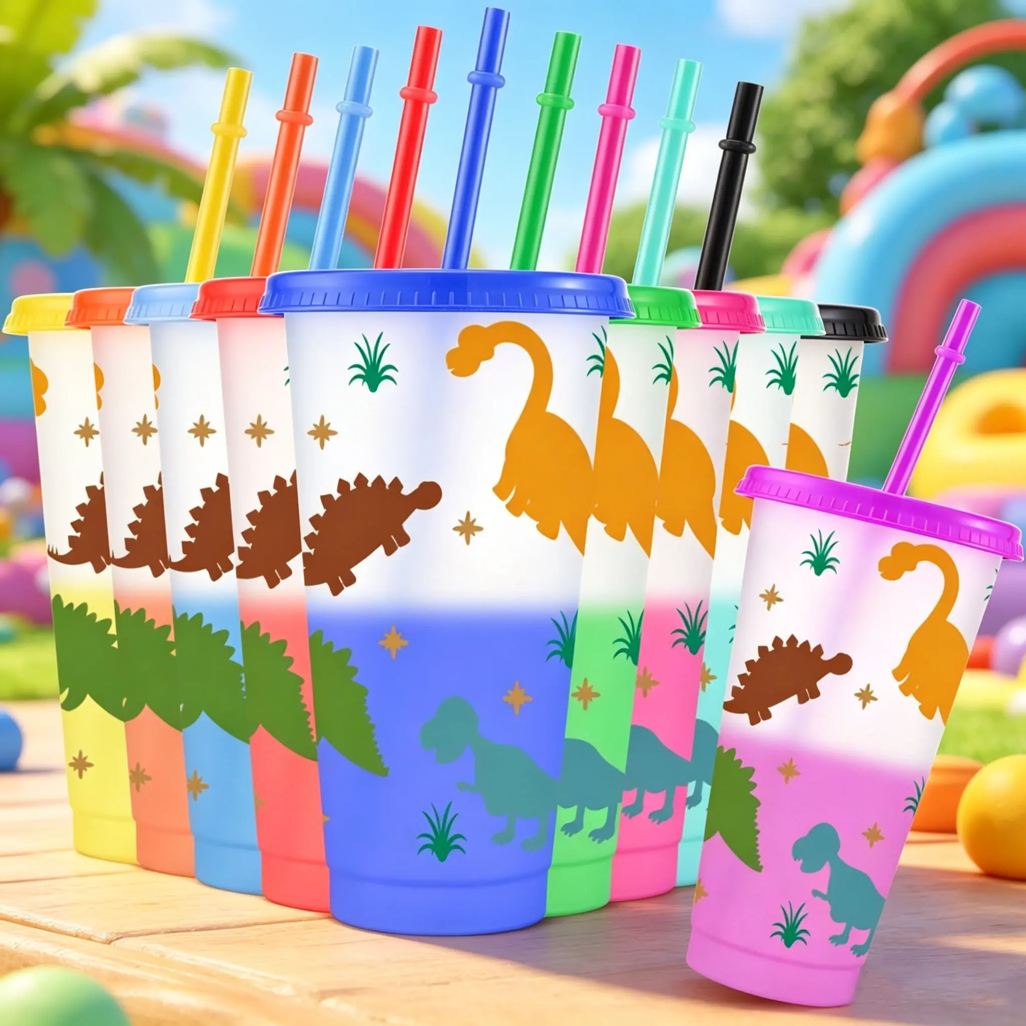 10pcs/24oz/710ml/Plastic Tumblers,Color Changing Cups With Lids And Straws,Iced Coffee Cups,Festive Gift, Vibrant Dinosaur Silhouettes With Plant And Star Accents,Perfect For Birthday Parties And Holiday Celebrations,Summer Gifts