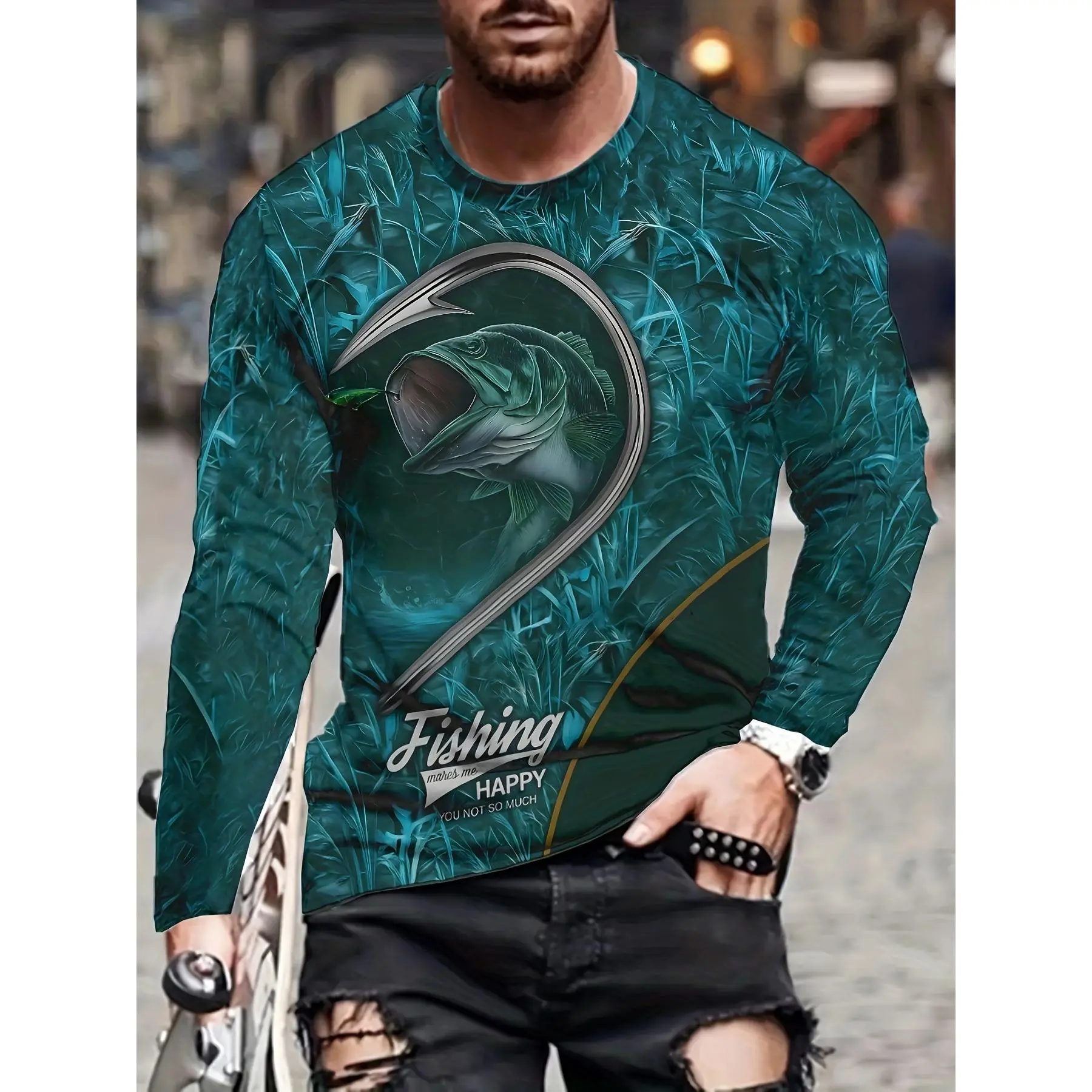 Men's 3D Full Print Long Sleeve Fishing Tee, Camo Fish Outdoor Pattern Soft Casual Shirt For Anglers, Spring Autumn Daily Machine Washable Top