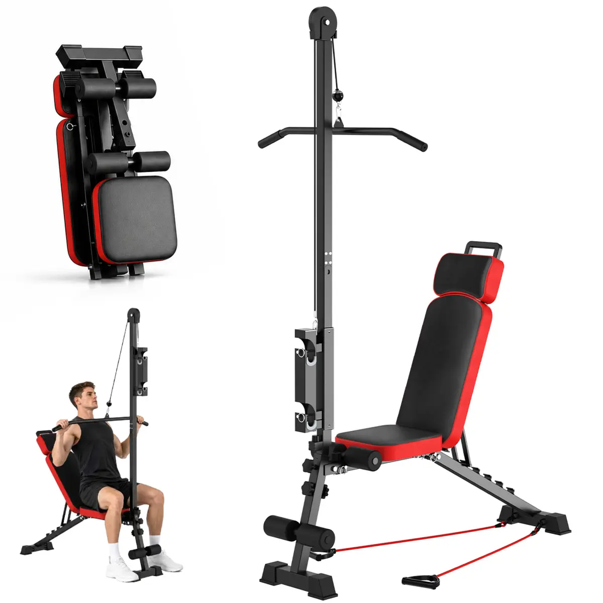 AobtkelMulti-Functional Weight Bench with Pulley System and Adjustable Backrest