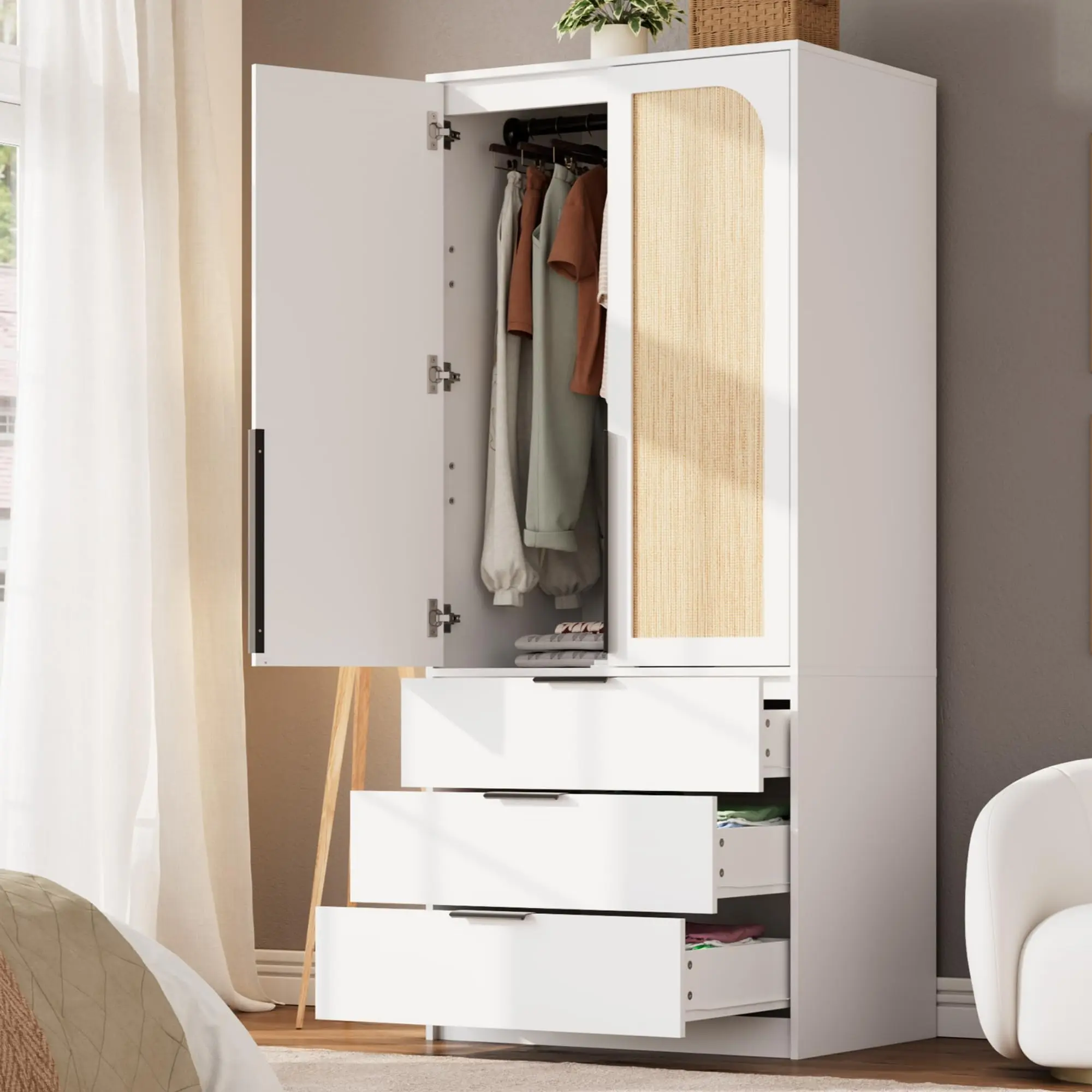 70" Wooden Armoire Wardrobe – Freestanding, with Hanging Rod & 3 Drawers | Modular, Expandable Storage | Anti-Tip Safety Kit | For Bedroom, Office, Laundry | Durable Engineered Wood | Easy Assembly | Modern Classic Style | Large Capacity Closet