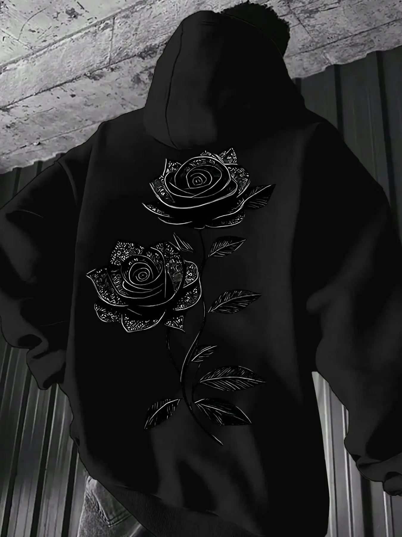 Oversized Drawstring Hoodie, Front Chest & Back Dual Retro Black Rose Line Art Graphic Print Soft Casual Gothic Dark Aesthetic Pocket Streetwear Long Sleeve Sweatshirt #RoseHoodie #GothicStreetwear #DarkAestheticTop #DualPrintHoodie #TikTokMadeMeBuyIt