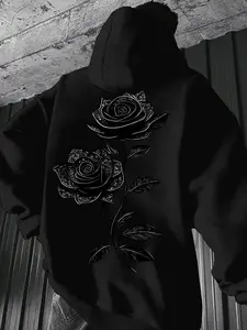 Oversized Drawstring Hoodie, Front Chest & Back Dual Retro Black Rose Line Art Print Soft Casual Gothic Dark Aesthetic Pocket Streetwear Long Sleeve Sweatshirt #RoseHoodie #GothicStreetwear #DarkAestheticTop #DualPrintHoodie #TikTokMadeMeBuyIt